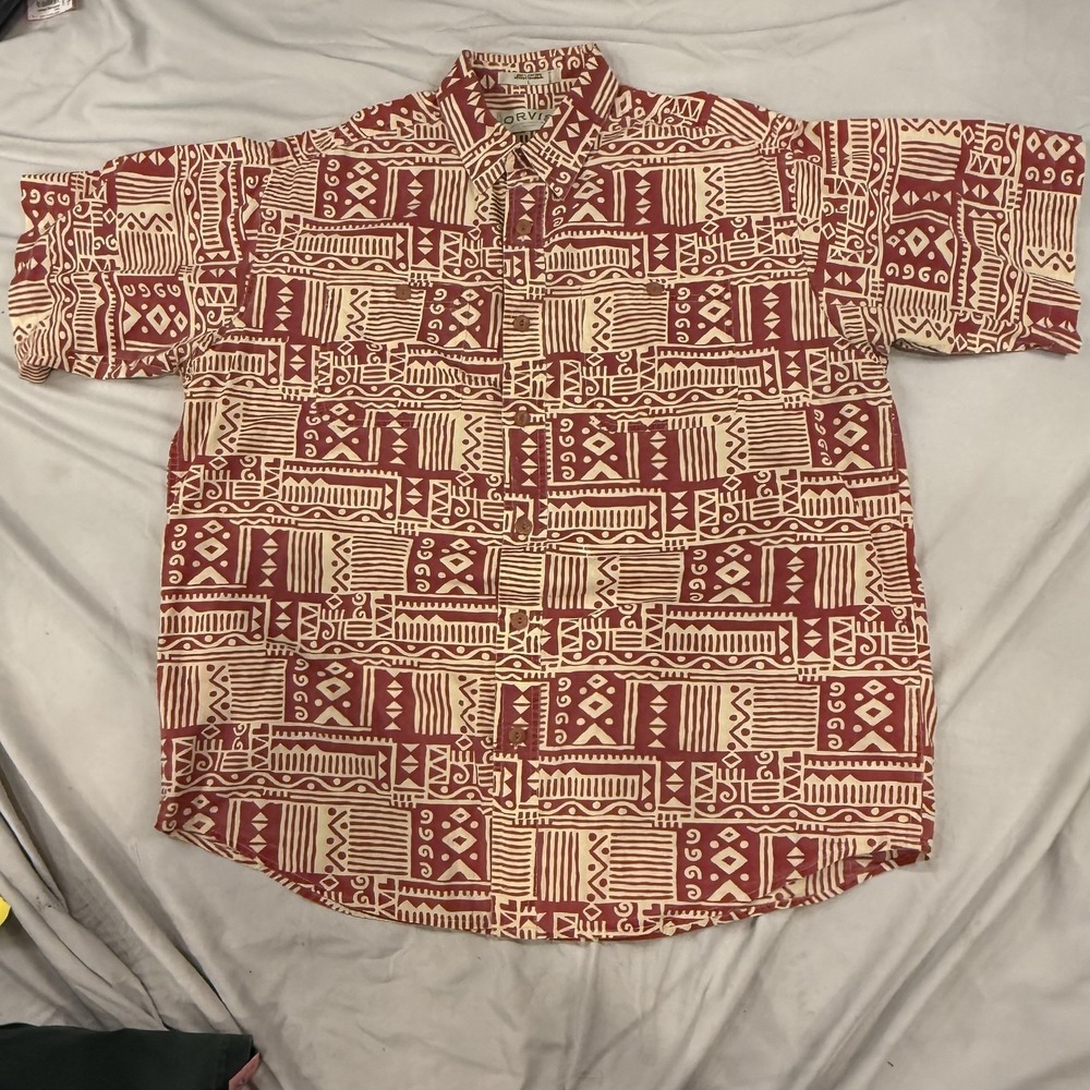 Orvis Shirt Mens Large Red Geometric Print Short Sleeve Button Up Cotton Casual